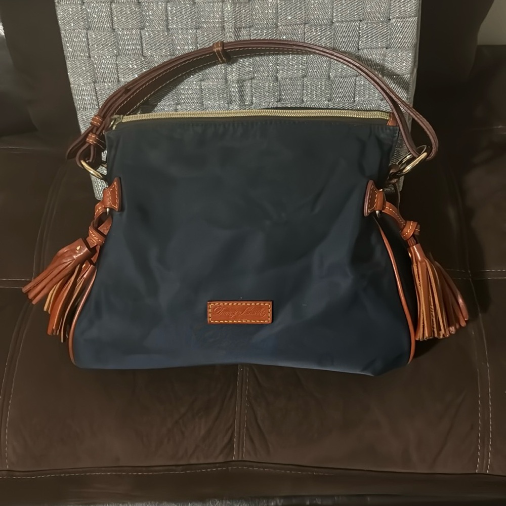 Dooney &Bourke Navy Blue Shoulder Bag pink inside brown leather strap & tassels